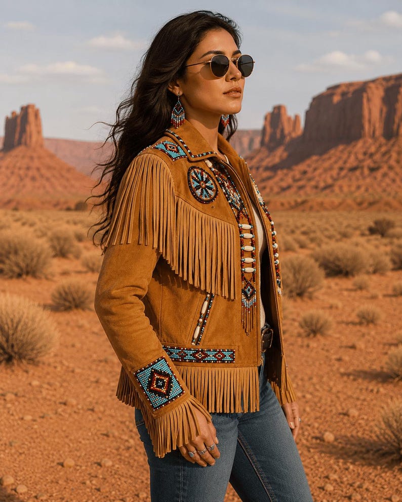 May include: A tan suede jacket featuring long fringe detailing on the chest and sleeves. The jacket is adorned with intricate beadwork in blue, red, and white geometric patterns on the collar, shoulders, cuffs, and along the front zipper closure.