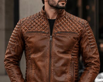 Men’s Distressed Brown Leather Jacket – Vintage Biker Motorcycle Jacket, Quilted Genuine Leather Moto Coat, Handmade