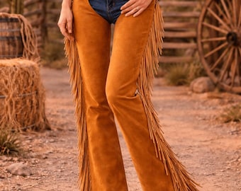 Chaps pour femmes en daim marron clair à franges | Chaps western en cuir de cow-girl faits main