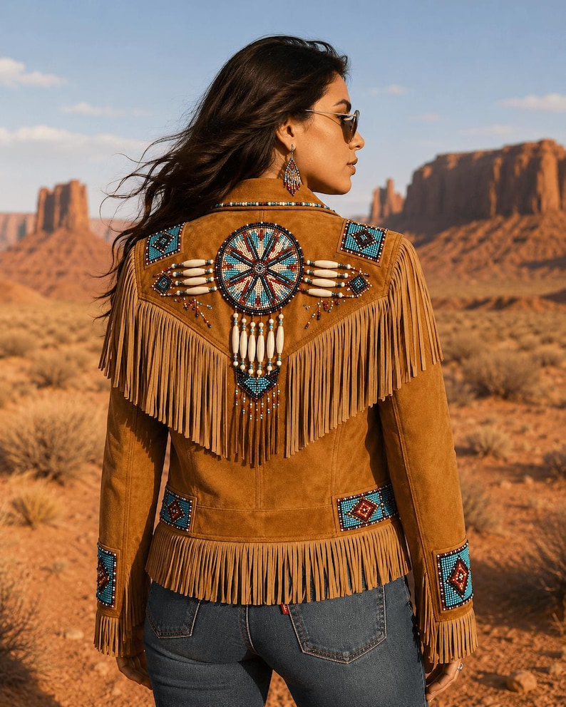 May include: A tan suede jacket featuring long fringe along the back yoke and hem. The back is decorated with a large circular beaded medallion in blue, red, and white, accented by hanging white beads. Similar beaded geometric patches adorn the sleeves.