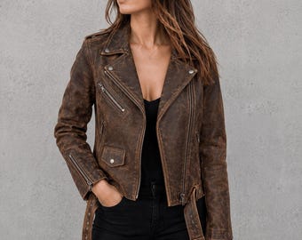 Women’s Distressed Brown Leather Moto Jacket | Handmade Slim Fit Biker Jacket