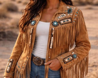 Women Tan Brown Suede Leather Western Jacket with Fringe & Beads - Handmade Native Jacket