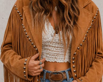 70s Suede Fringe Cowgirl Jacket: Studded Boho Western Leather