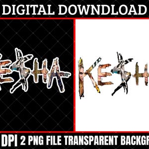 May include: A digital graphic featuring the name KESHA in stylised letters filled with photographic imagery of a person. The text is presented twice, once with a white outline on a black background and once without an outline on a white background.