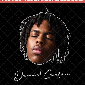 May include: A digital graphic featuring a portrait of Daniel Caesar with dark dreadlocks and closed eyes, outlined in white against a black background with a diamond grid pattern. The text Daniel Caesar is written in white script below the portrait.