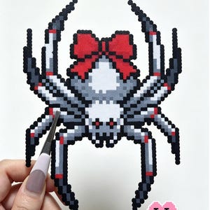 May include: A pixel art spider design titled Scarlet Caltrop Snow Spider, featuring a gray and white body with red eyes and red accents on its legs. A large red bow sits on the spider's back. The text Puff Bead Patterns appears at the bottom.