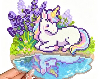 花咲く小川の中のユニコーン　パーラービーズパターン｜魔法のファンタジーピクセルアート