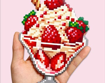 Patrón de cuentas Perler para parfait de fresa grande / Plantilla de arte pixelado de postre kawaii