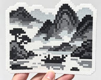 霧のかかった水面に浮かぶ中国水墨画風の舟のパーラービーズパターン | オリエンタルピクセルアート