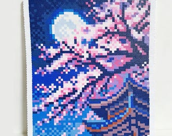 桜川に降り注ぐ月明かりのパーラービーズパターン | 夢のような桜の夜ピクセルアート