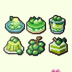 May include: Pixel art graphic showing six green grape desserts. The image includes a plate of grapes, a cake, and a cup of dessert. The text "Green Grape Dessert" and "Puff Bead Patterns" are also visible.