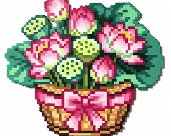 Patrón de ramo de flores de loto con cuentas Perler / Arte pixelado floral oriental