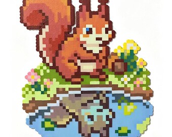 Ardilla busca la primavera entre las flores. Patrón de cuentas Perler / Arte pixelado primaveral estilo cottagecore.