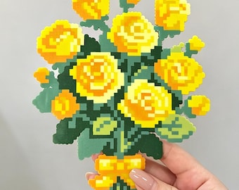 黄色いバラの花束のパーラービーズパターン | かわいい花柄ピクセルアートデザイン