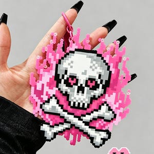 Pink Flame Skull Perler Bead Pattern | Gothic Kawaii Pixel Art Template
