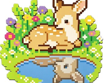 花の縁取りの中に鹿の影が浮かぶパーラービーズパターン | コテージコアフォレストピクセルアート