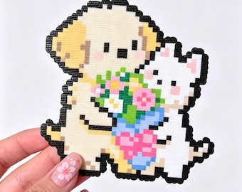 花を持った子犬のパーラービーズパターン | かわいい犬のピクセルアート