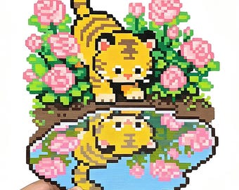 Cute Little Tiger Exploring Spring Perler Bead Pattern | Spring Floral Pixel Art