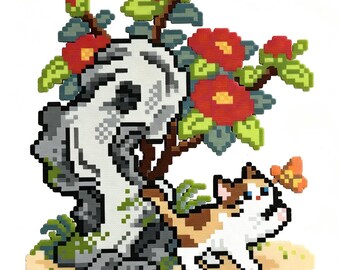 Patrón de cuentas Perler de gato y mariposa jugando / Arte pixelado floral oriental