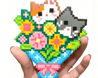 猫の花束のパーラービーズパターン | かわいい動物と花のピクセルアート