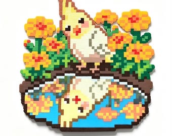 オカメインコのそよ風を聴くパーラービーズパターン | かわいい鳥のピクセルアート