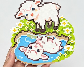 デイジーの中の子羊のパーラービーズパターン | かわいいコテージコアピクセルアート