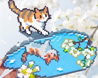 Patrón de cuentas Perler de gato atigrado que refleja el agua de manantial / Plantilla de arte pixelado de gato kawaii