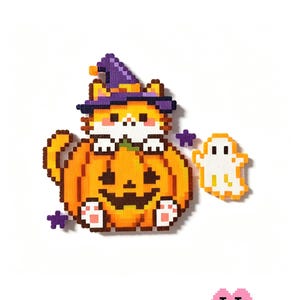 May include: A pixel art bead design titled The Orange Cat Wizard's Pumpkin Night featuring an orange cat wearing a purple wizard hat sitting inside a carved jack-o'-lantern pumpkin next to a small white ghost and two purple star shapes.