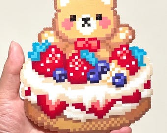 イチゴクマケーキのパーラービーズパターン | かわいいカワイイデザートピクセルアート