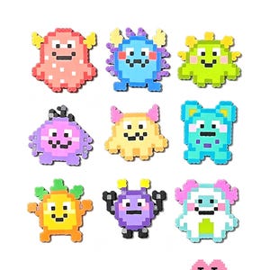 Puede incluir: Nueve diseños de monstruos pixelados coloridos en varios colores, incluyendo rojo, azul, verde, morado, amarillo y naranja. La imagen incluye el texto "9 Mini Monsters" y "Puff Bead + Patterns+".