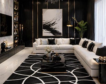 Luxury Black White Abstract Rug, Modern Area Rug, Plush Shag Carpet, Geometric Living Room Rug, Bedroom Carpet, Large Contemporary Rug,