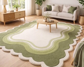 Hand Tufted Scalloped Green Area Rug, Irregular Wave Shape Wool Rug, Luxury Living Room Carpet, Modern Bedroom Rug, Kids Room Rug, Custom