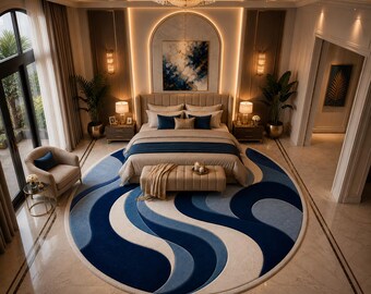 Luxury Blue Wave Round Rug, Modern Abstract Area Rug, Large Circle Carpet, Contemporary Living Room Rug, Handmade Tufted Carpet, Bedroom