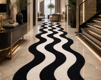 Tappeto passatoia ondulato bianco e nero, tappeto morbido e trapuntato per corridoio, decorazione astratta moderna