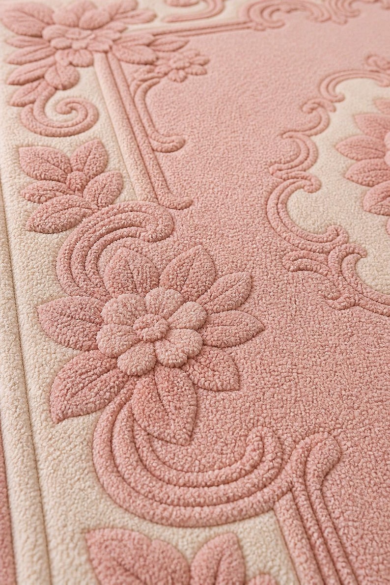 May include: Close-up of a textured, floral-patterned rug in shades of pink and cream. The design features raised, three-dimensional flowers and scrolling details, creating a vintage or retro aesthetic. The rug's surface has a soft, plush appearance.