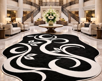 Tappeto astratto di lusso bianco e nero, forma irregolare, trapuntato a mano, soggiorno in stile scandinavo.