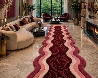 Tappeto passatoia ondulato fatto a mano, tappeto trapuntato, corridoio moderno, tappeto rosa bordeaux