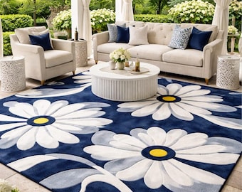 Tappeto in lana trapuntato con motivo floreale a margherite blu navy, grande tappeto floreale fatto a mano