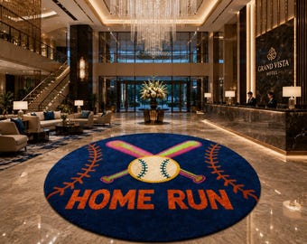 Home Run Baseball Rug, Round Sports Carpet, Baseball Nursery Rug, Kids Playroom Decor, Luxury Handmade Tufted Rug, Gamer Room Rug