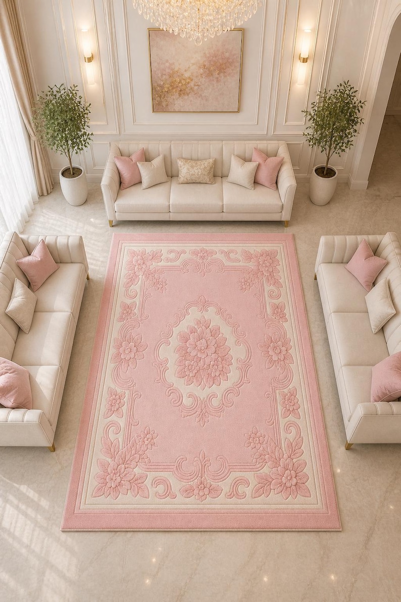 May include: A large, rectangular pink rug with a floral design. The rug features a central floral medallion and a border with repeating floral patterns. The rug is surrounded by cream-colored sofas with pink pillows, creating a cohesive and elegant living room setting.