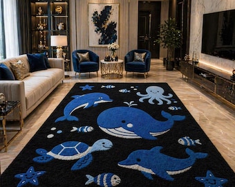 Tappeto trapuntato fatto a mano con animali marini, balena blu, delfino e tartaruga.