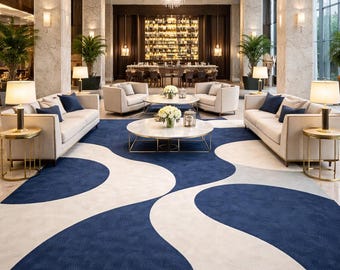 Handmade Blue White Abstract Wave Tufted Carpet, Modern Contemporary Area Rug