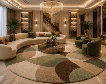 Tappeto rotondo astratto trapuntato, verde salvia, beige e marrone, per soggiorno, arredamento scandinavo