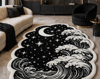 Tappeto trapuntato fatto a mano con motivo onde e luna, tappeto giapponese con tema oceano, morbido tappeto decorativo in bianco e nero per la casa.