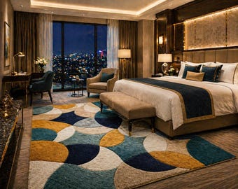 Tappeto geometrico fatto a mano, tappeto moderno astratto trapuntato, arredamento scandinavo blu navy, oro e beige.
