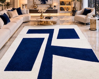 Tappeto geometrico in lana fatto a mano, tappeto trapuntato blu reale avorio, arredamento moderno e minimalista per il soggiorno.