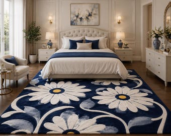 Alfombra floral de margaritas azul marino, alfombra de lujo hecha a mano con mechones, alfombra moderna con diseño floral, alfombra grande para sala de estar, alfombra estética para dormitorio, alfombra personalizada