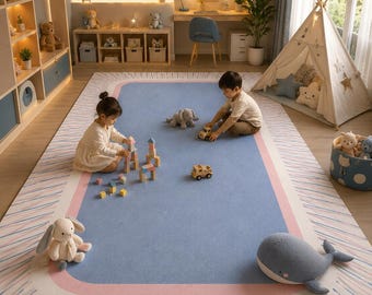 Alfombra de pasillo afelpada hecha a mano en tonos pastel de azul y rosa, alfombra moderna minimalista para habitación infantil.