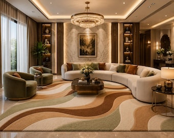 Handmade Abstract Wave Area Rug, Tufted Wool Blend Carpet, Beige Sage Green Neutral Tones