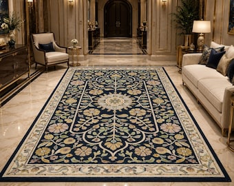 Tappeto di lusso blu navy con motivi floreali, realizzato a mano, grande tappeto in stile persiano, tappeto in lana personalizzato, tappeto botanico vintage per soggiorno, tappeto di lusso per hotel.